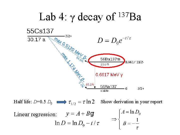 Lab 4: γ decay of Half life: D=0. 5 D 0 Linear regression: 137