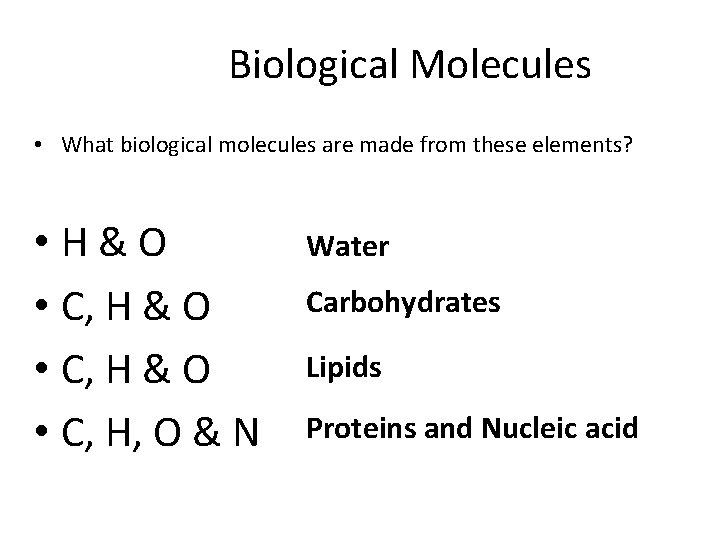 Biological Molecules • What biological molecules are made from these elements? • H&O •
