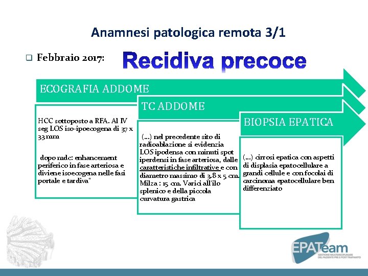 Anamnesi patologica remota 3/1 q Febbraio 2017: ECOGRAFIA ADDOME TC ADDOME HCC sottoposto a