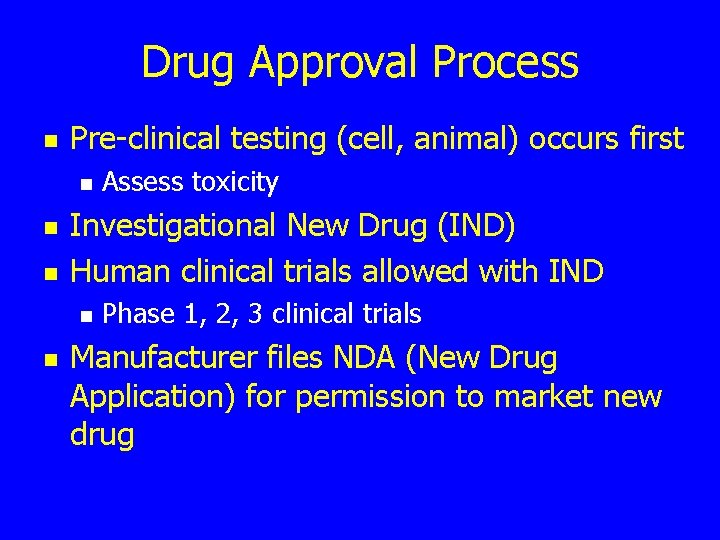 Drug Approval Process n Pre-clinical testing (cell, animal) occurs first n n n Investigational