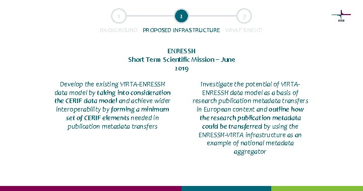 1 2 3 BACKGROUND PROPOSED INFRASTRUCTURE WHAT’S NEXT? ENRESSH Short Term Scientific Mission –