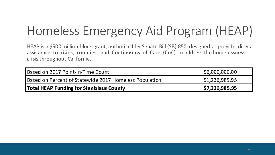 Homeless Emergency Aid Program (HEAP) HEAP is a $500 million block grant, authorized by