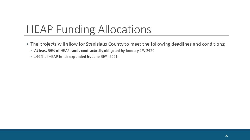 HEAP Funding Allocations ◦ The projects will allow for Stanislaus County to meet the