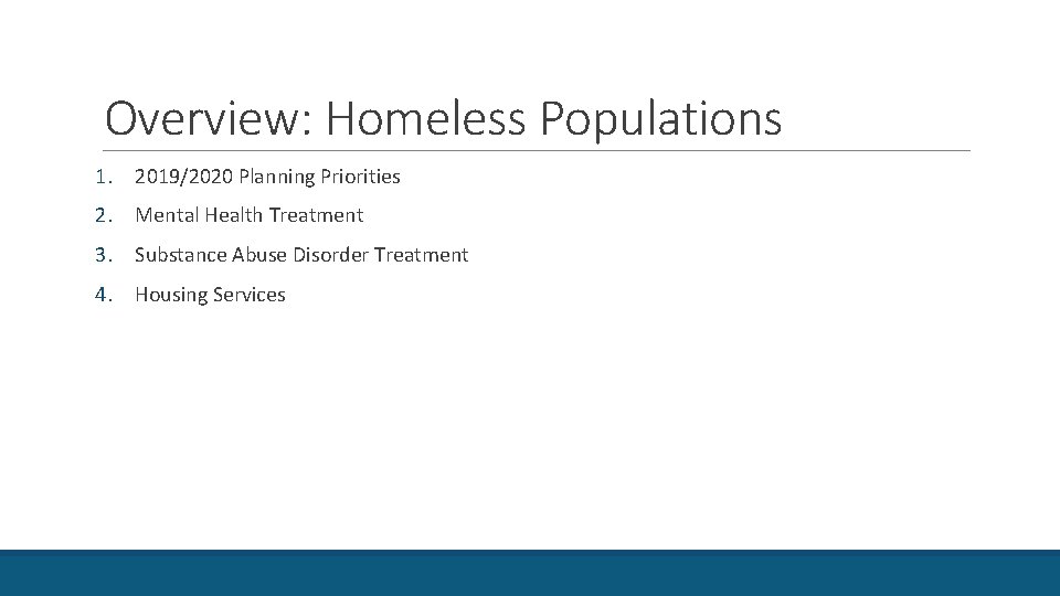 Overview: Homeless Populations 1. 2019/2020 Planning Priorities 2. Mental Health Treatment 3. Substance Abuse