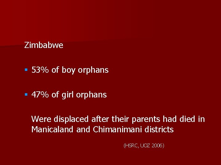 Zimbabwe § 53% of boy orphans § 47% of girl orphans Were displaced after