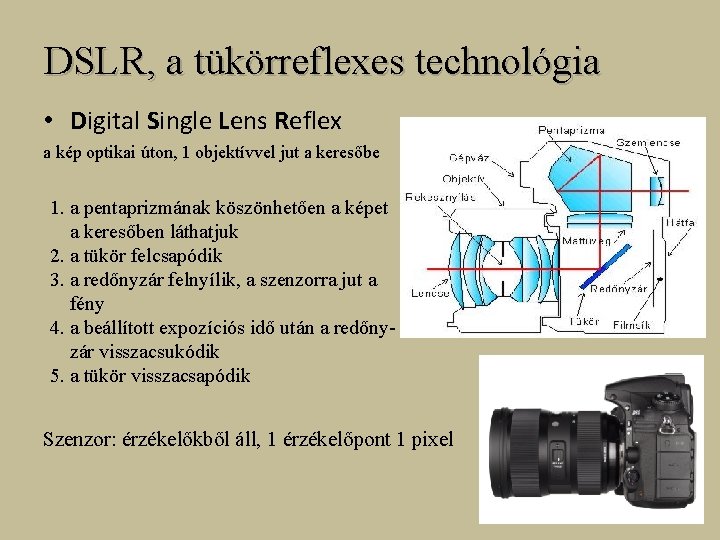 DSLR, a tükörreflexes technológia • Digital Single Lens Reflex a kép optikai úton, 1