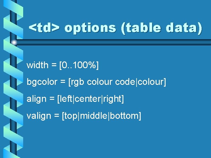 <td> options (table data) width = [0. . 100%] bgcolor = [rgb colour code|colour]