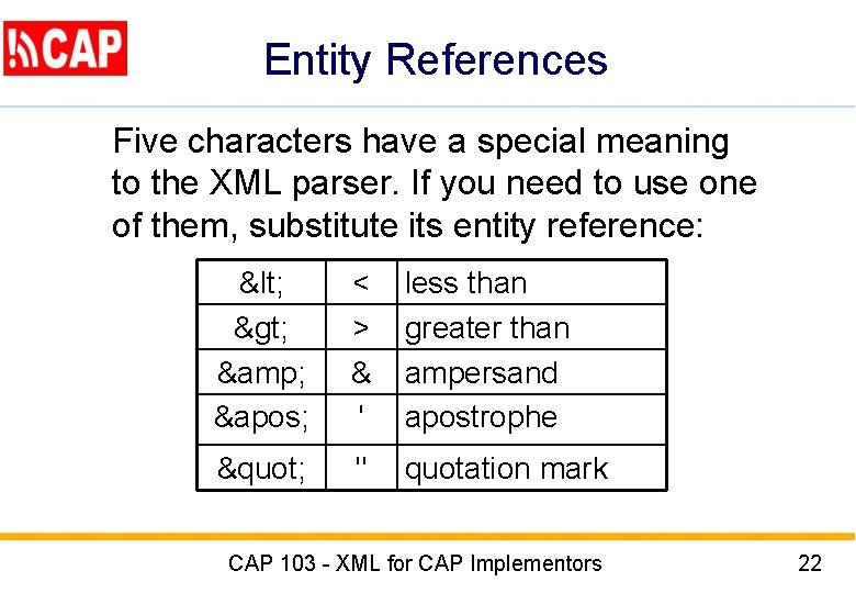 Entity References Five characters have a special meaning to the XML parser. If you