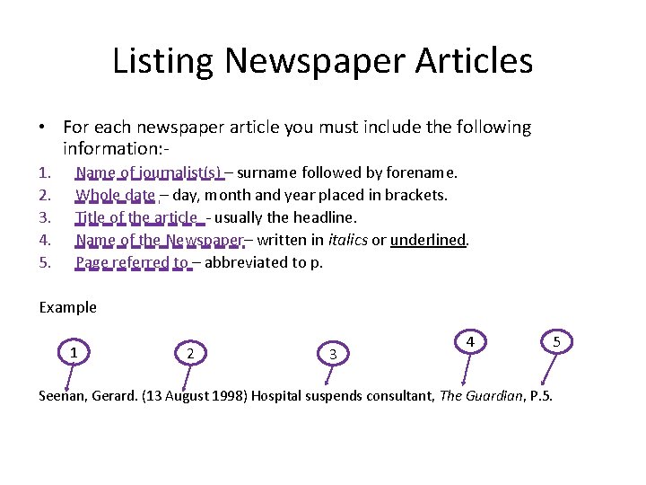 Listing Newspaper Articles • For each newspaper article you must include the following information: