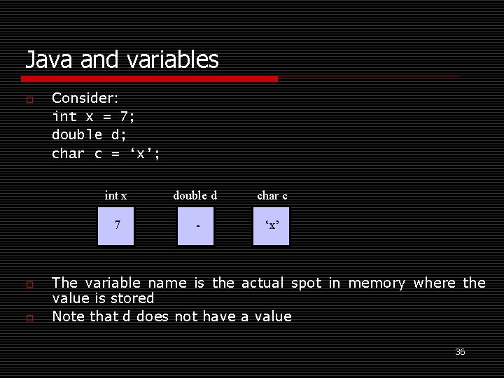 Java and variables o o o Consider: int x = 7; double d; char