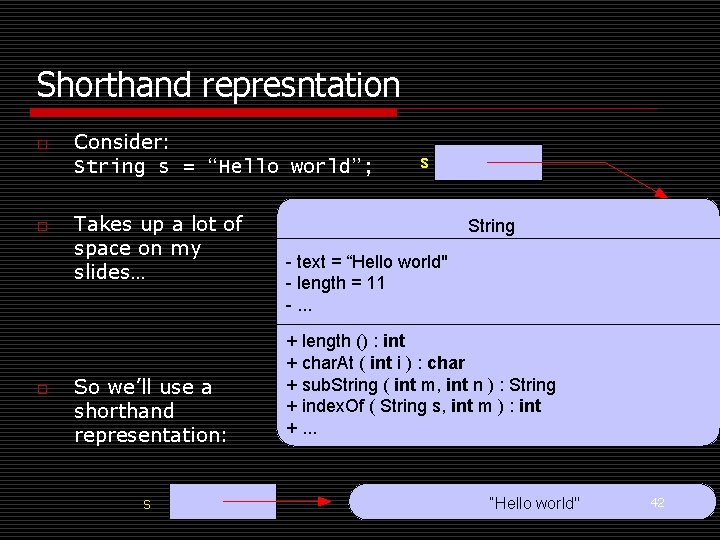 Shorthand represntation o o o Consider: String s = “Hello world”; Takes up a