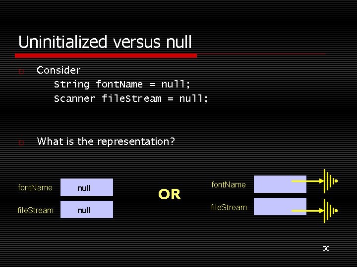 Uninitialized versus null o o Consider String font. Name = null; Scanner file. Stream