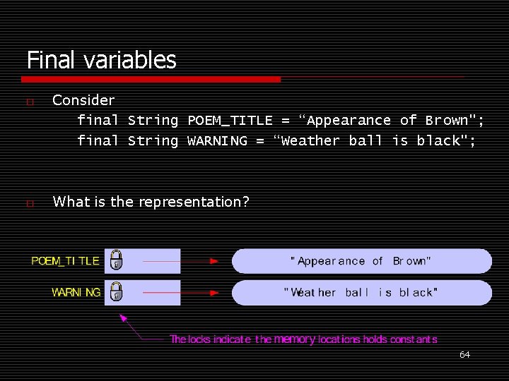 Final variables o o Consider final String POEM_TITLE = “Appearance of Brown"; final String