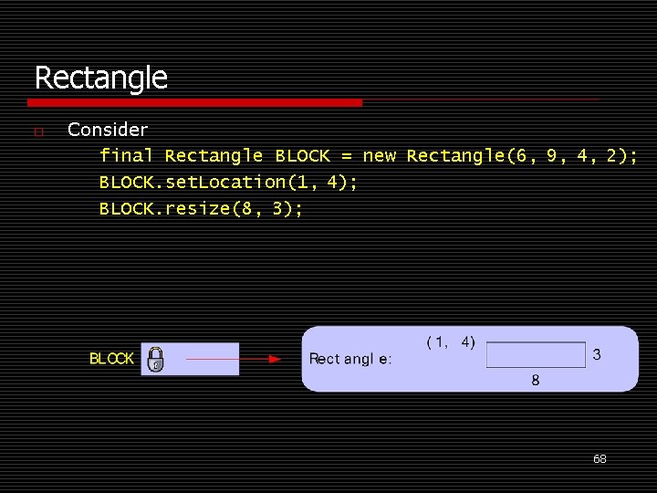 Rectangle o Consider final Rectangle BLOCK = new Rectangle(6, 9, 4, 2); BLOCK. set.