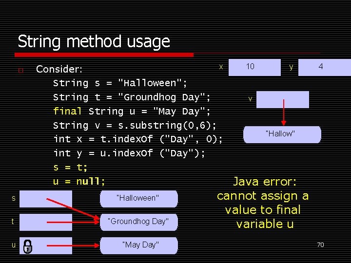 String method usage o x Consider: String s = "Halloween"; String t = "Groundhog
