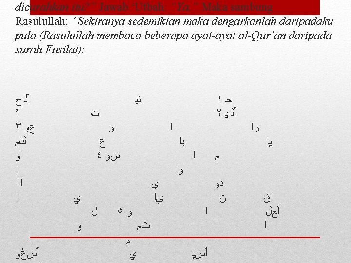 dicurahkan itu? ” Jawab ‘Utbah: “Ya. ” Maka sambung Rasulullah: “Sekiranya sedemikian maka dengarkanlah