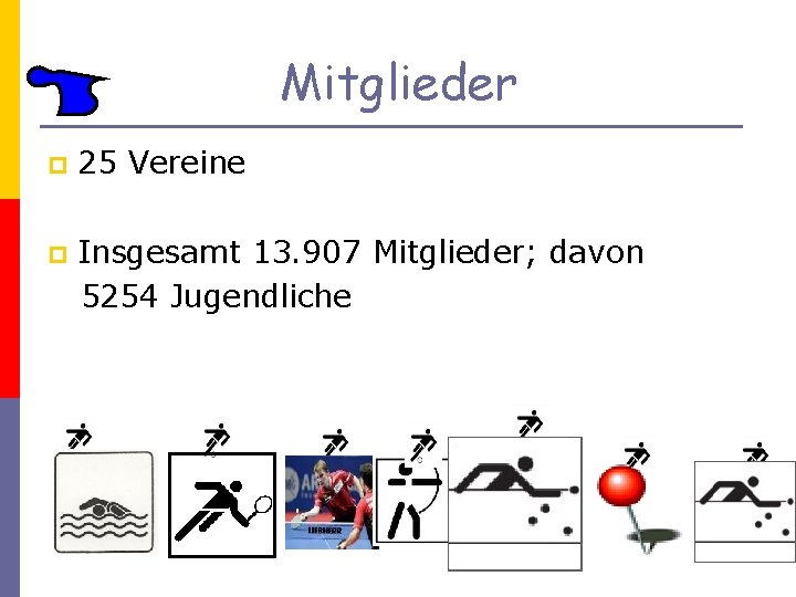 Mitglieder p 25 Vereine p Insgesamt 13. 907 Mitglieder; davon 5254 Jugendliche 