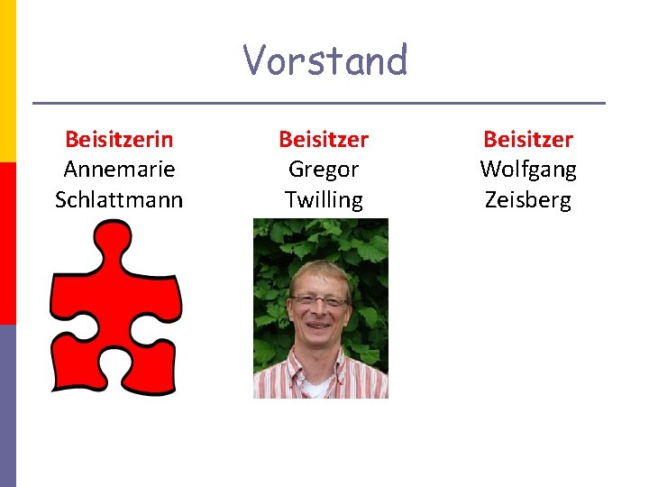 Vorstand Beisitzerin Annemarie Schlattmann Beisitzer Gregor Twilling Beisitzer Wolfgang Zeisberg 