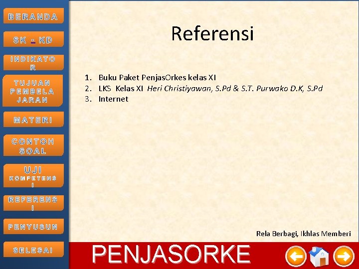 - Referensi 1. Buku Paket Penjas. Orkes kelas XI 2. LKS Kelas XI Heri