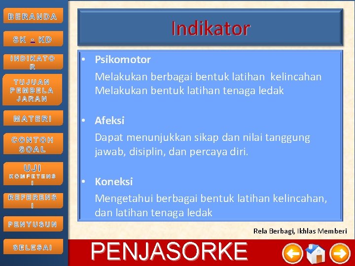 - Indikator • Psikomotor Melakukan berbagai bentuk latihan kelincahan Melakukan bentuk latihan tenaga ledak