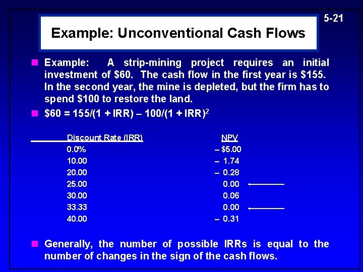 5 -21 Example: Unconventional Cash Flows n Example: A strip-mining project requires an initial