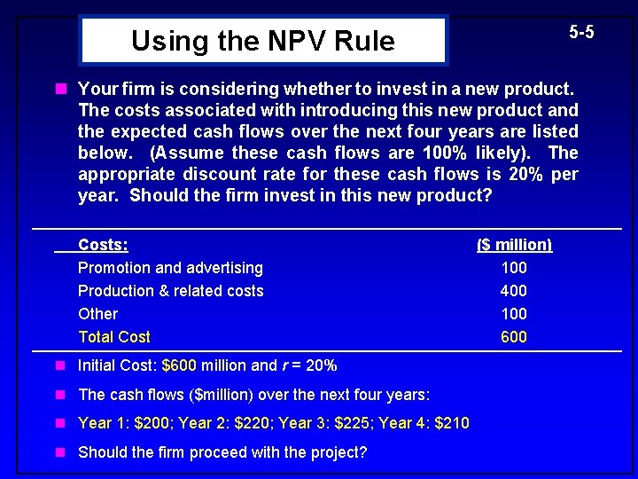 5 -5 Using the NPV Rule n Your firm is considering whether to invest