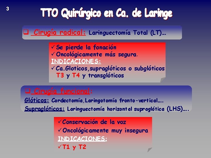 3 q Cirugía radical: Laringuectomía Total (LT)… üSe pierde la fonación üOncológicamente más segura.