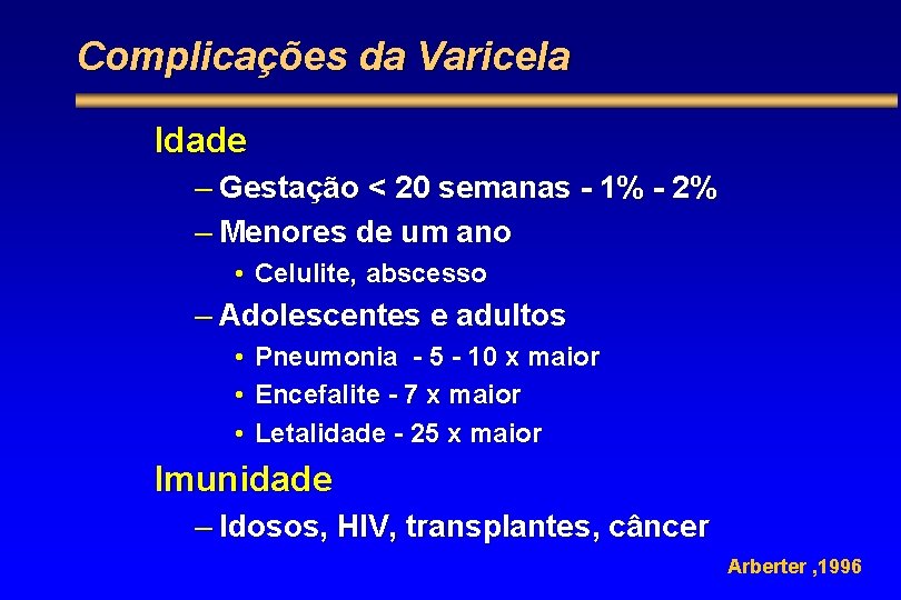 Complicações da Varicela Idade – Gestação < 20 semanas - 1% - 2% –