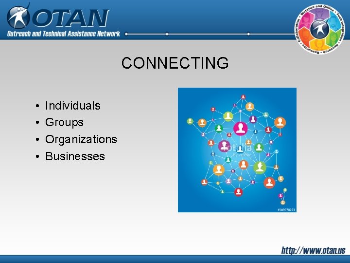 CONNECTING • • Individuals Groups Organizations Businesses 