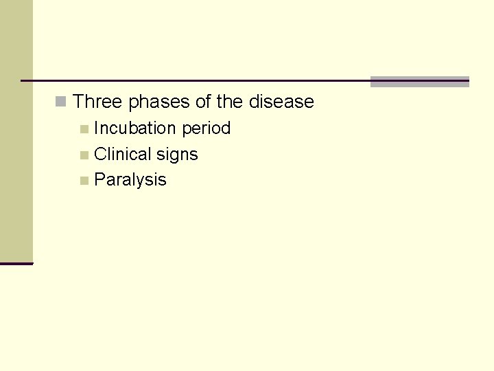  Three phases of the disease Incubation period Clinical signs Paralysis 