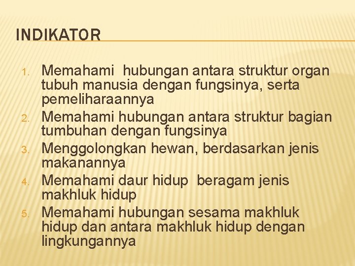 INDIKATOR 1. 2. 3. 4. 5. Memahami hubungan antara struktur organ tubuh manusia dengan