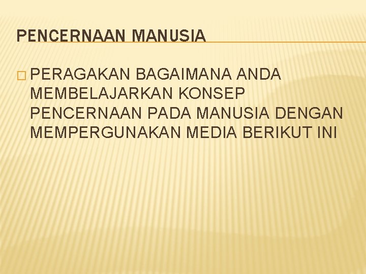 PENCERNAAN MANUSIA � PERAGAKAN BAGAIMANA ANDA MEMBELAJARKAN KONSEP PENCERNAAN PADA MANUSIA DENGAN MEMPERGUNAKAN MEDIA