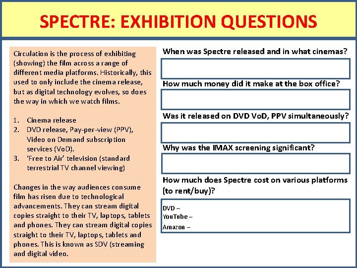 SPECTRE: EXHIBITION QUESTIONS Circulation is the process of exhibiting (showing) the film across a