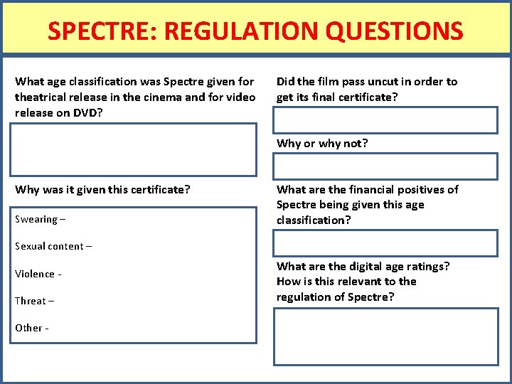 SPECTRE: REGULATION QUESTIONS What age classification was Spectre given for theatrical release in the