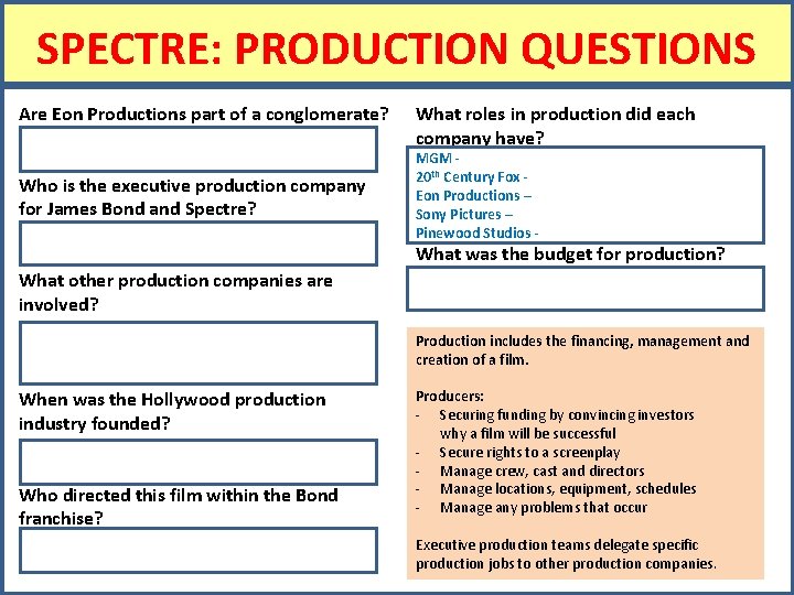 SPECTRE: PRODUCTION QUESTIONS Are Eon Productions part of a conglomerate? Who is the executive