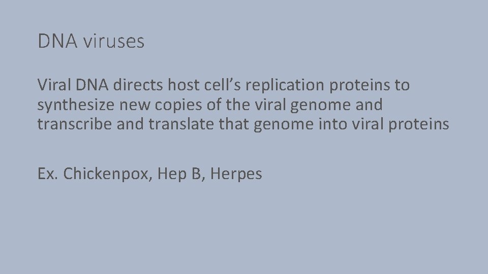 DNA viruses Viral DNA directs host cell’s replication proteins to synthesize new copies of