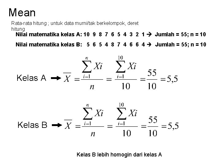 Mean Rata-rata hitung ; untuk data murni/tak berkelompok, deret hitung Nilai matematika kelas A: