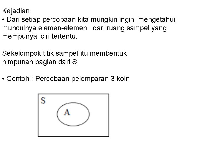 Kejadian • Dari setiap percobaan kita mungkin ingin mengetahui munculnya elemen-elemen dari ruang sampel