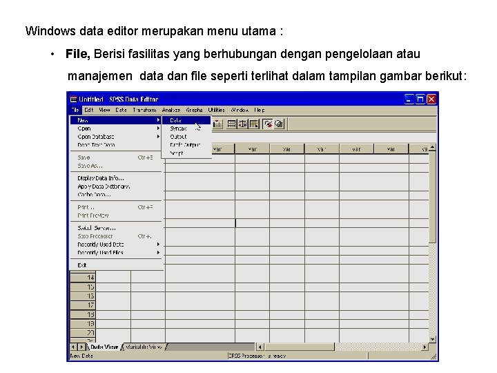 Windows data editor merupakan menu utama : • File, Berisi fasilitas yang berhubungan dengan