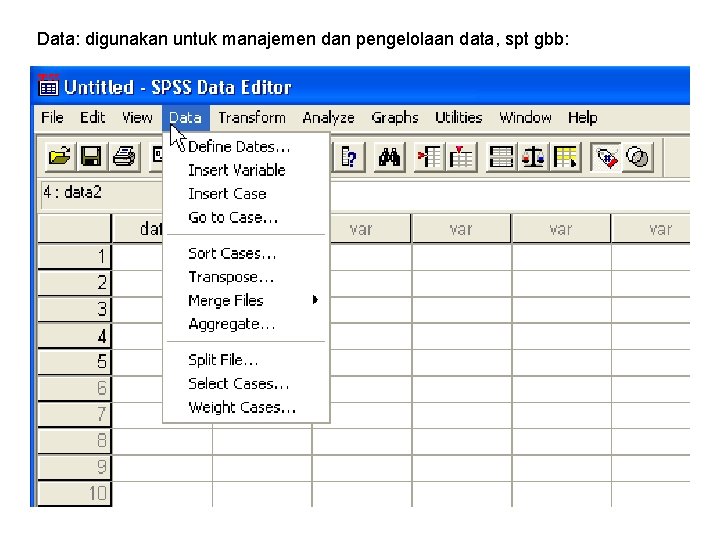 Data: digunakan untuk manajemen dan pengelolaan data, spt gbb: 