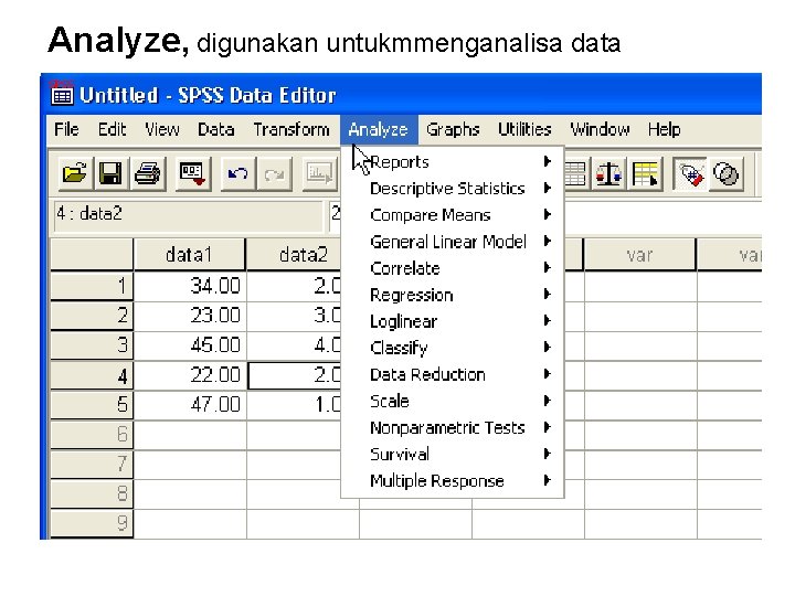 Analyze, digunakan untukmmenganalisa data 