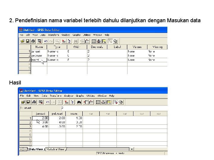 2. Pendefinisian nama variabel terlebih dahulu dilanjutkan dengan Masukan data Hasil 