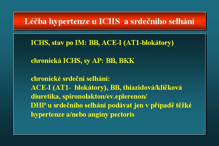 Léčba hypertenze u ICHS a srdečního selhání ICHS, stav po IM: BB, ACE-I (AT