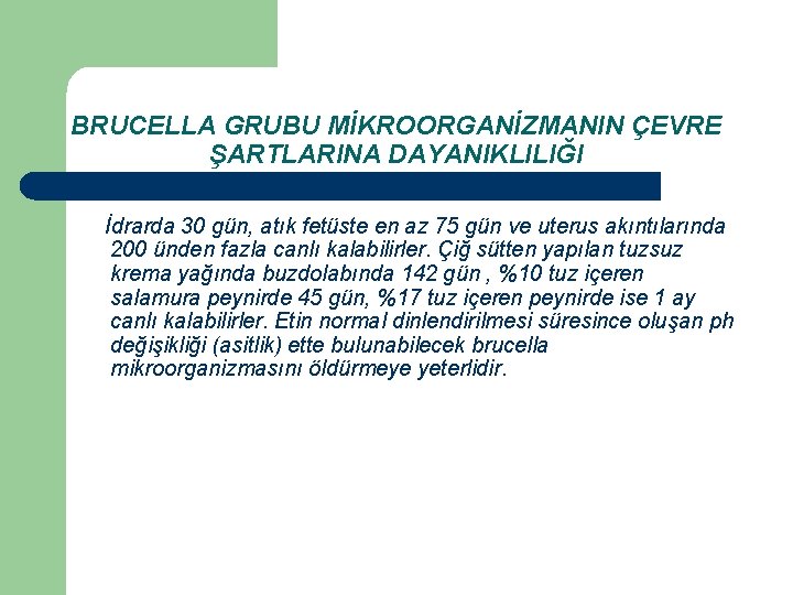 BRUCELLA GRUBU MİKROORGANİZMANIN ÇEVRE ŞARTLARINA DAYANIKLILIĞI İdrarda 30 gün, atık fetüste en az 75