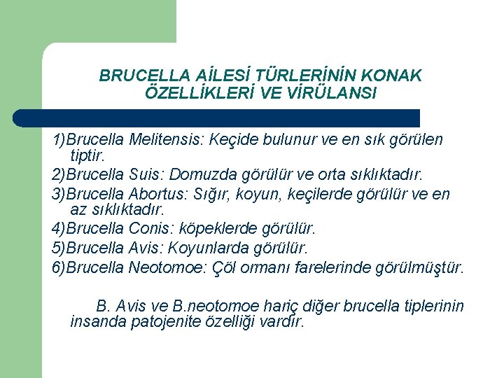 BRUCELLA AİLESİ TÜRLERİNİN KONAK ÖZELLİKLERİ VE VİRÜLANSI 1)Brucella Melitensis: Keçide bulunur ve en sık