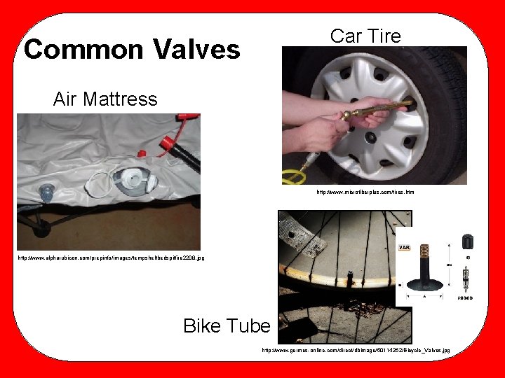 Car Tire Common Valves Air Mattress http: //www. microfiberplus. com/tires. htm http: //www. alpharubicon.