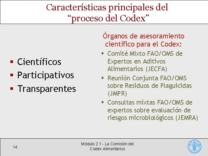 Características principales del “proceso del Codex” Órganos de asesoramiento científico para el Codex: §