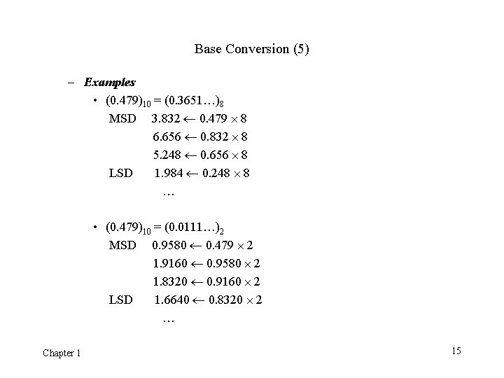 Base Conversion (5) – Examples • (0. 479)10 = (0. 3651…)8 MSD 3. 832 Base Conversion (5) – Examples • (0. 479)10 = (0. 3651…)8 MSD 3. 832