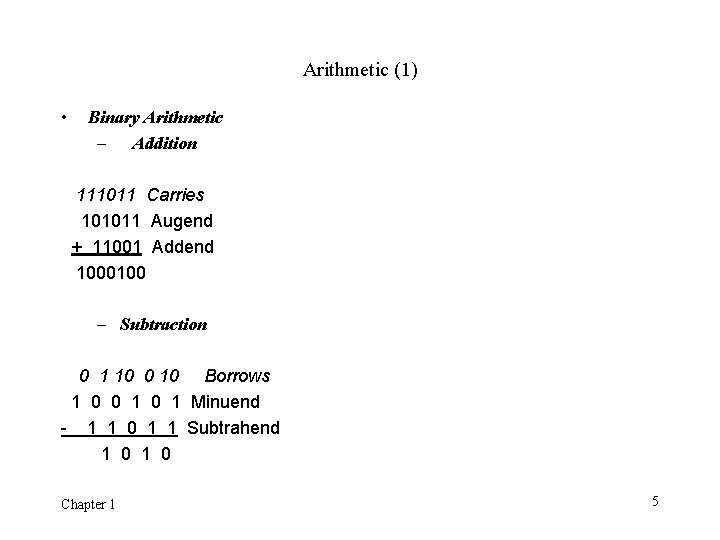 Arithmetic (1) • Binary Arithmetic – Addition 111011 Carries 101011 Augend + 11001 Addend Arithmetic (1) • Binary Arithmetic – Addition 111011 Carries 101011 Augend + 11001 Addend