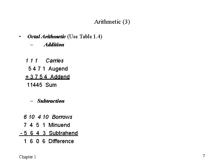 Arithmetic (3) • Octal Arithmetic (Use Table 1. 4) – Addition 1 1 1 Arithmetic (3) • Octal Arithmetic (Use Table 1. 4) – Addition 1 1 1